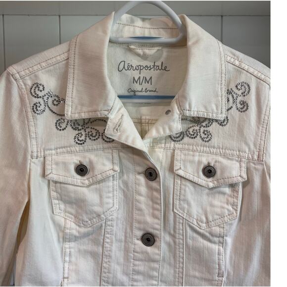 Aeropostale White Denim Jacket Med Rhinestone Strawberry Embellished Y2K Style - Picture 3 of 16